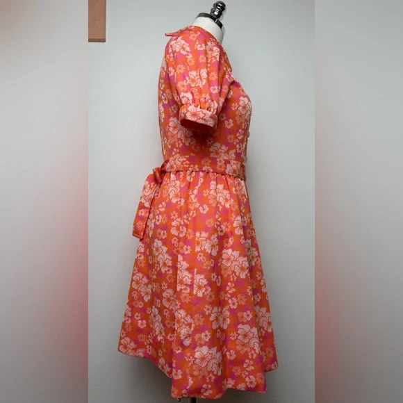 True Vintage 70s Orange Pink White Floral Puff Sleeve Collar Mini Dress Small